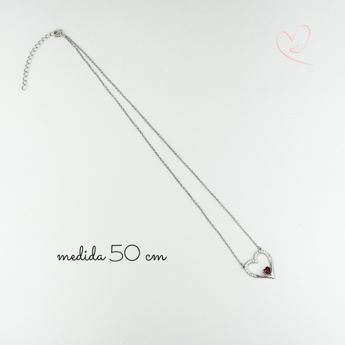 CADENA CON DIJE DE CORAZON ABIERTO CIRCONIA ROJA PLATA .925 RODIO