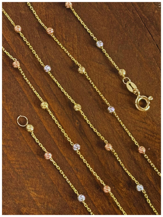 10K GOLD CUT BALL TRI-COLOR CHAIN 