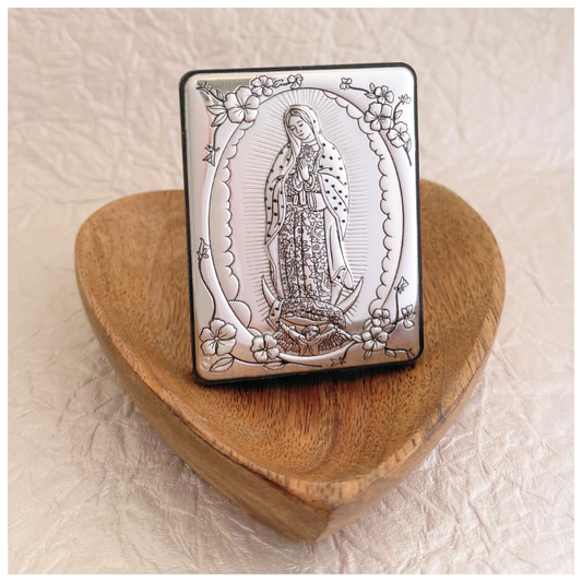 RETABLO VIRGEN DE GUADALUPE CON FLORES PLATA