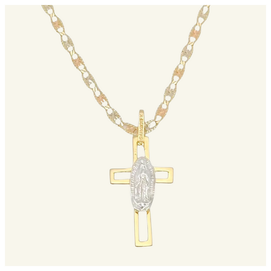 COLLAR PLANO FLORENTINO CRUZ VIRGEN DE GUADALUPE ORO 14K