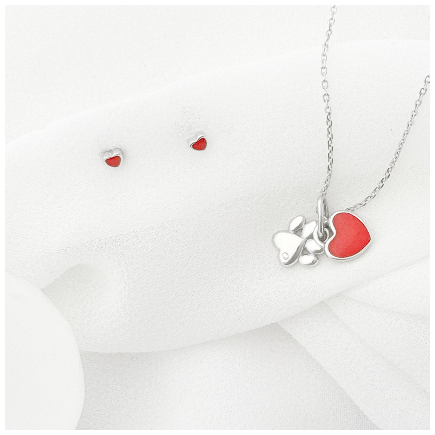 SET CADENA DIJE HUELLA DE PERRITO Y CORAZON ROJO ARETE CORAZON  PLATA .925 RODIO