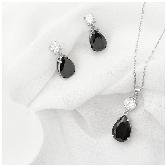 SET DIJE EN FORMA DE LAGRIMA EN CIRCONIA NEGRA Y BLANCA PLATA .925 RODIO