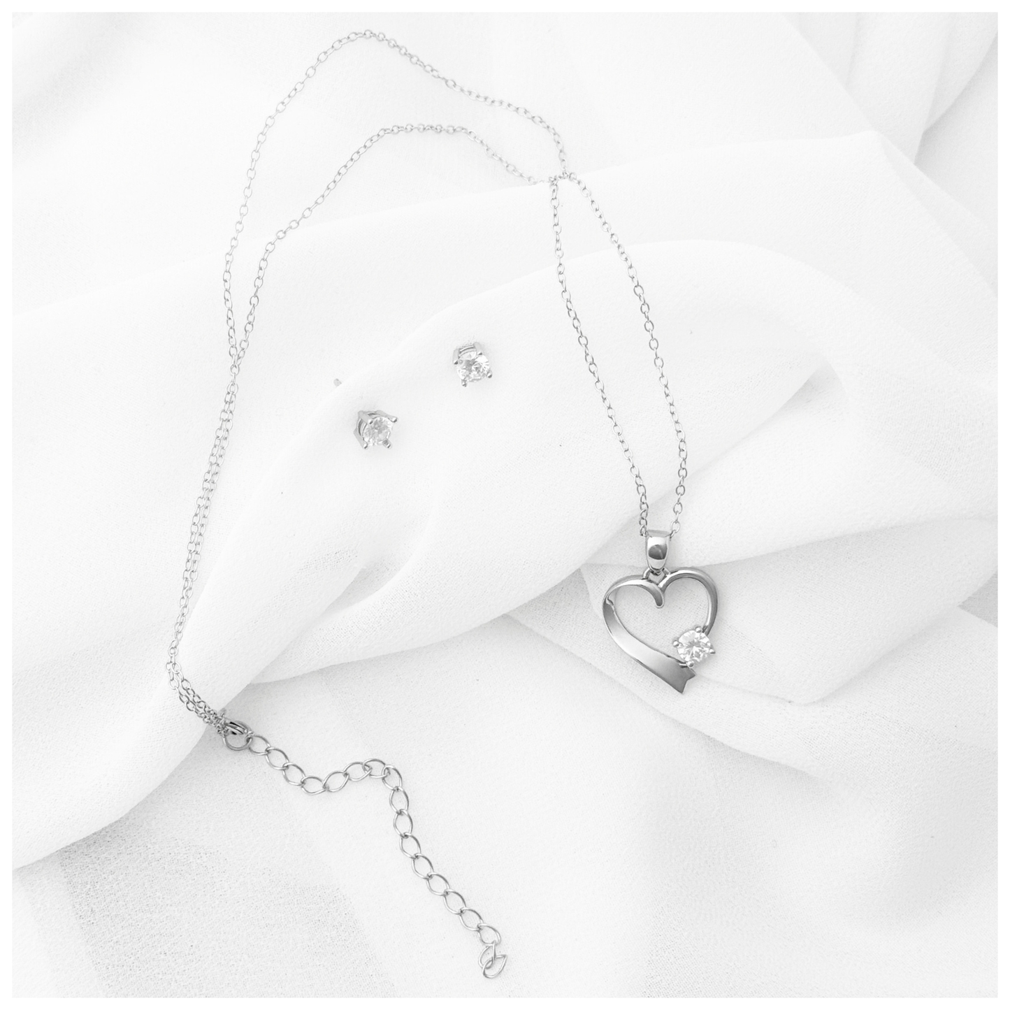 SET CORAZON LISO CIRCONIA PLATA .925 RODIO