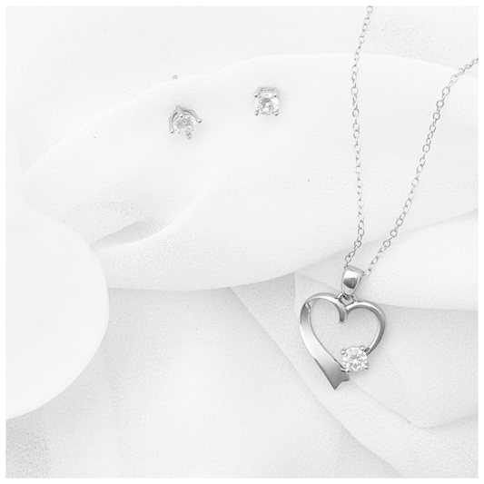 SET CORAZON LISO CIRCONIA PLATA .925 RODIO