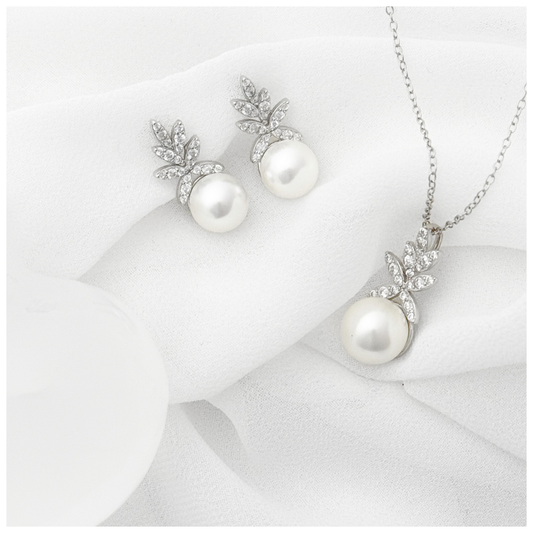 SET DE  PERLA Y CIRCONIAS PLATA .925 RODIO