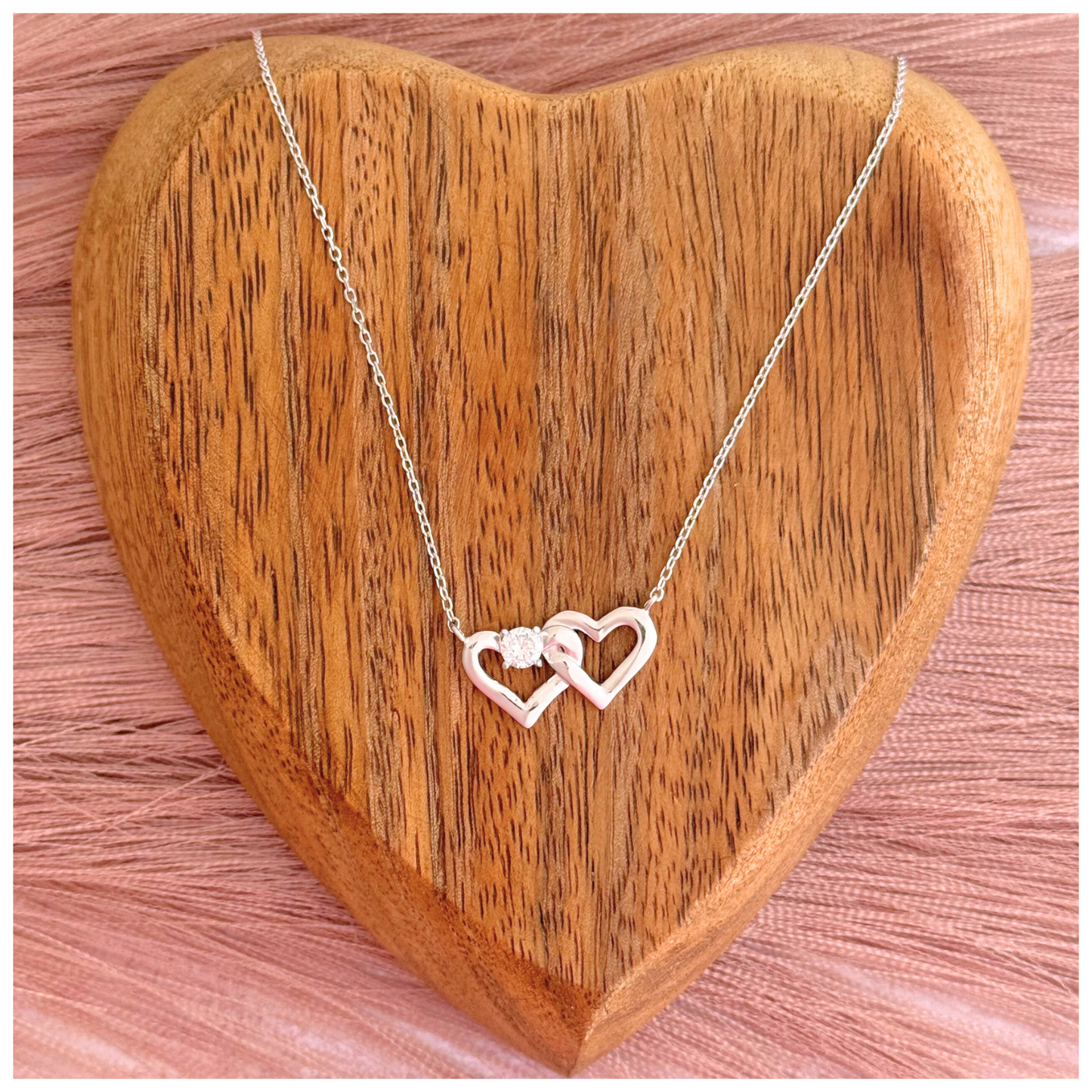 CADENA DIJE DOS CORAZONES LISOS CON CIRCONIA PLATA .925 RODIO