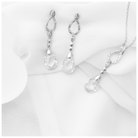 SET DE COLLAR Y ARETES  CIRCONIA CUBICA  LAGRIMA PLATA .925 RODIO