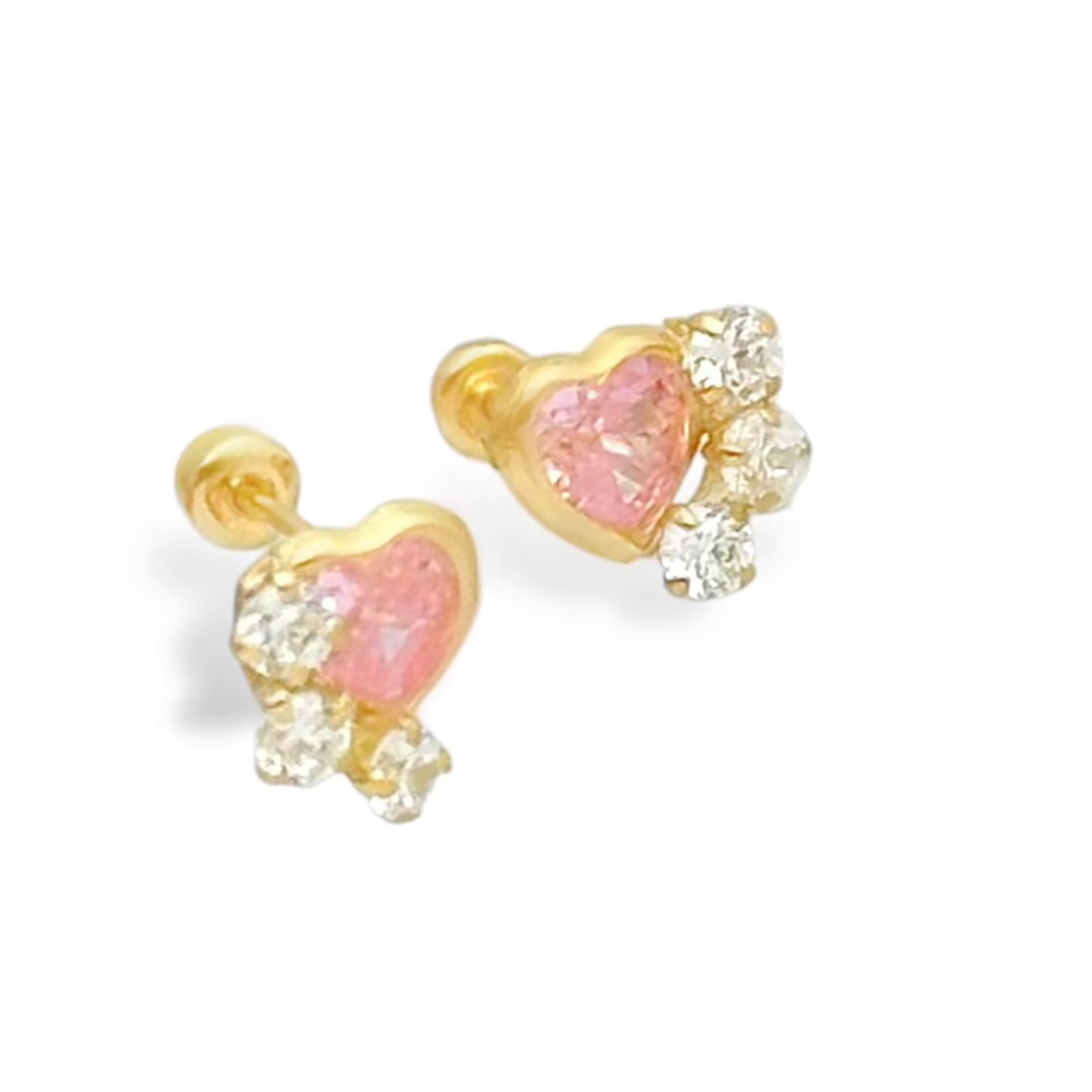 BROQUEL CORAZON ROSA BISEL 3 ZIRCONIAS ORO 10K