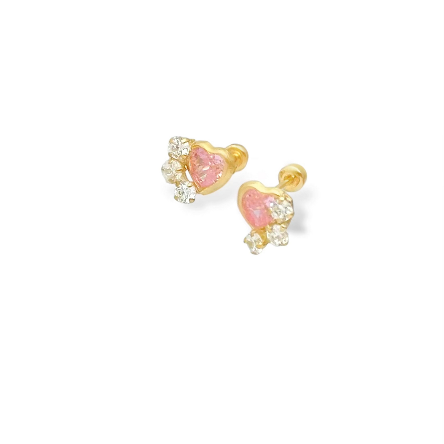 BROQUEL CORAZON ROSA BISEL 3 ZIRCONIAS ORO 10K