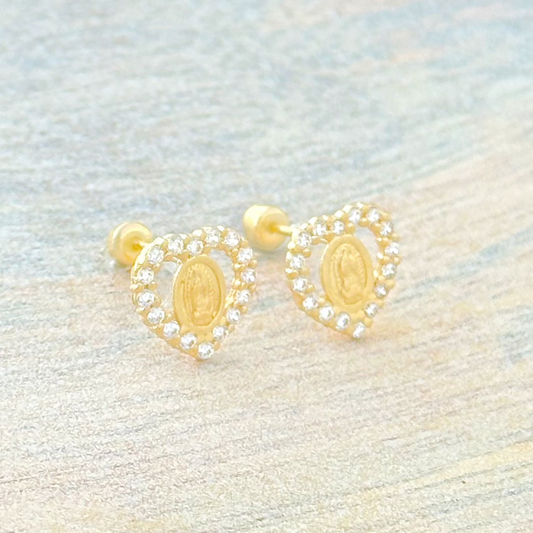BROQUEL VIRGEN DE GUADALUPE CORAZON ZIRCONIA ORO 10K