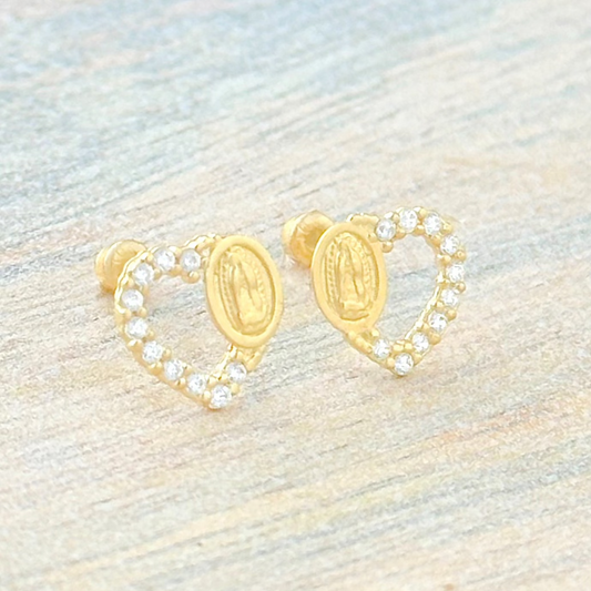 BROQUEL VIRGEN DE GUADALUPE CORAZON ZIRCONIA ORO 10K