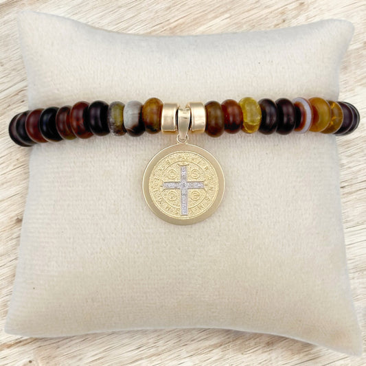 PULSERA MEDALLA SAN BENITO 3 ORO 10K PIEDRA NATURAL C BROCHE TEJIDO
