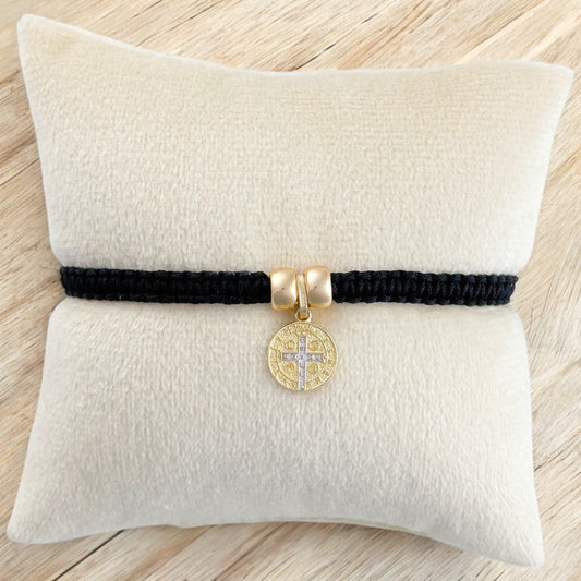 PULSERA MEDALLA SAN BENITO 1 ORO 10K TEJIDA NEGRA