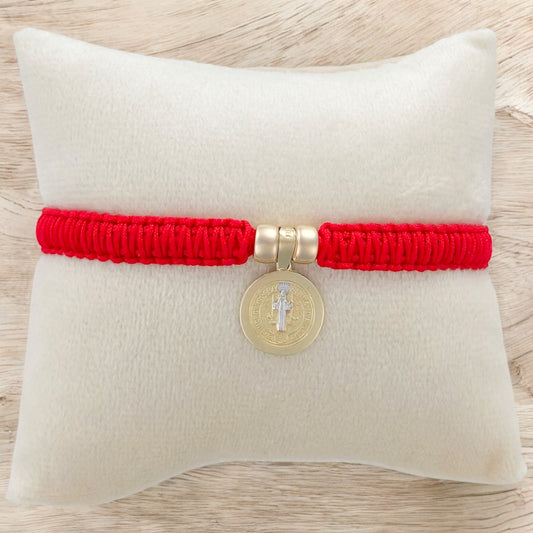 PULSERA  MEDALLA SAN BENITO 2  ORO 10K  TEJIDA ROJO