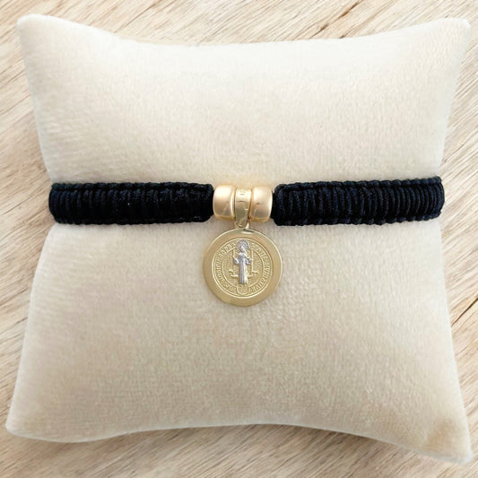PULSERA MEDALLA  SAN BENITO 2 ORO 10K TEJIDA NEGRA