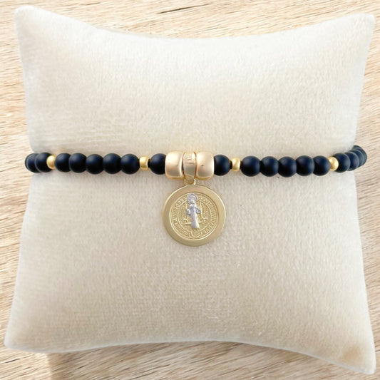 PULSERA MEDALLA SAN BENITO B2 ORO 10K PIEDRA BROCHE TEJIDO