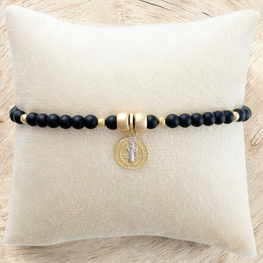 PULSERA MEDALLA SAN BENITO 1 ORO 10K PIEDRA N