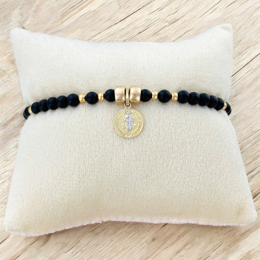 PULSERA MEDALLA SAN BENITO 1 ORO 10K PIEDRA N