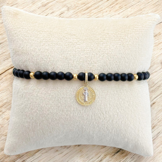 PULSERA MEDALLA SAN BENITO 1 ORO 10K PIEDRA N