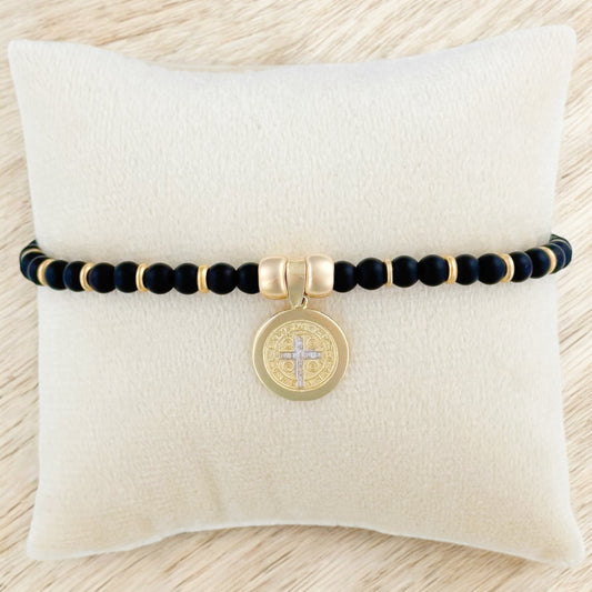 PULSERA MEDALLA SAN BENITO 2 ORO 10K PIEDRA N BROCHE TEJIDO