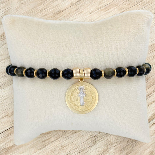 PULSERA MEDALLA SAN BENITO 3 ORO 10K PIEDRA N BROCHE TEJIDO