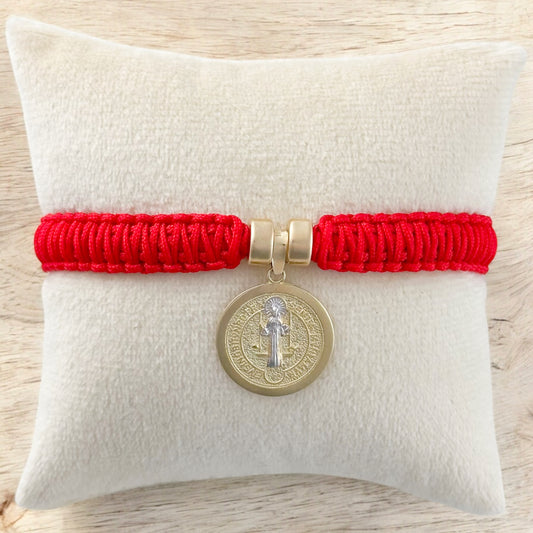 PULSERA MEDALLA SAN BENITO 3 ORO 10K TEJIDA ROJA