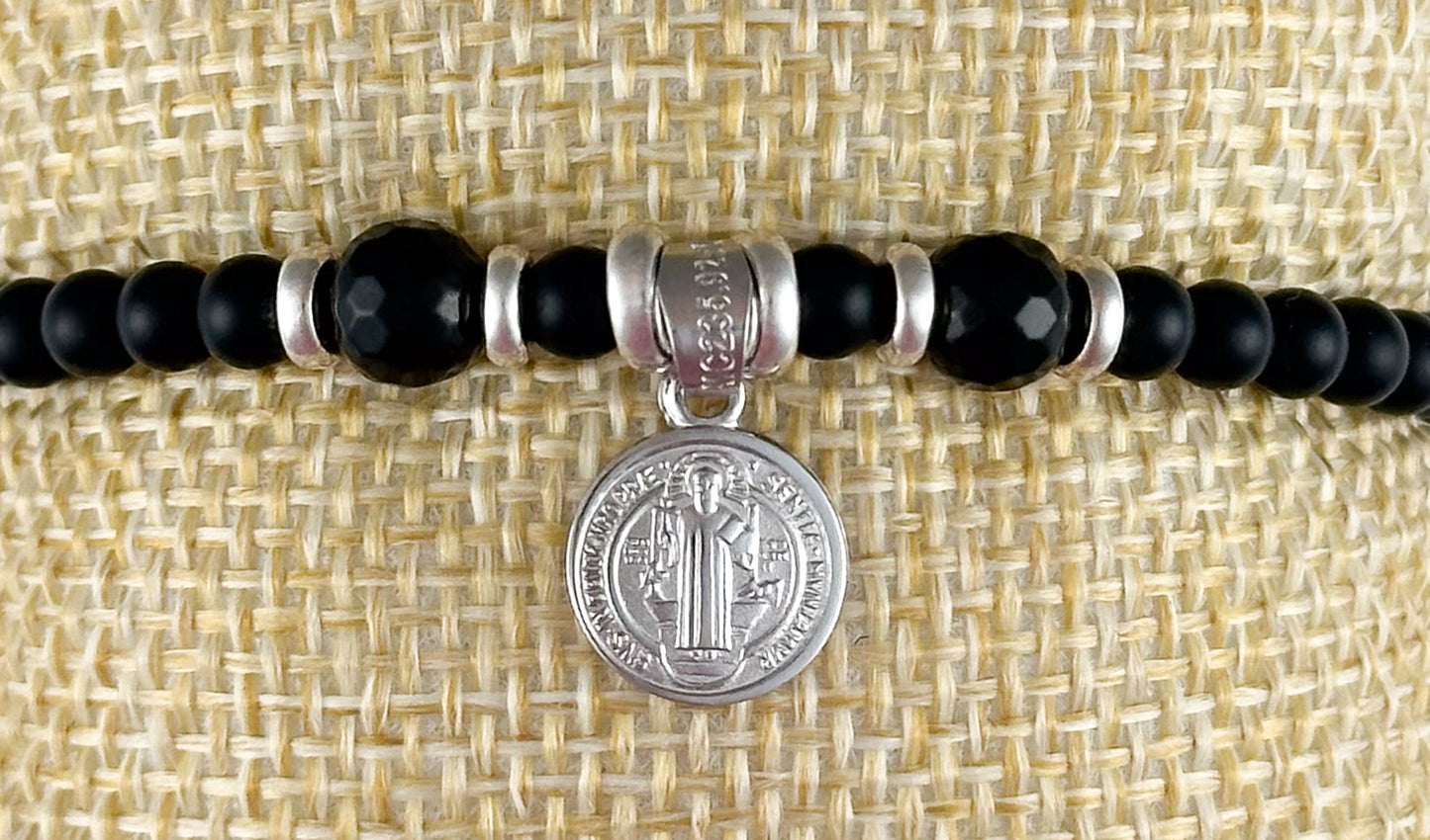 PULSERA MEDALLA SAN BENITO 1 PLATA .925 PIEDRA N