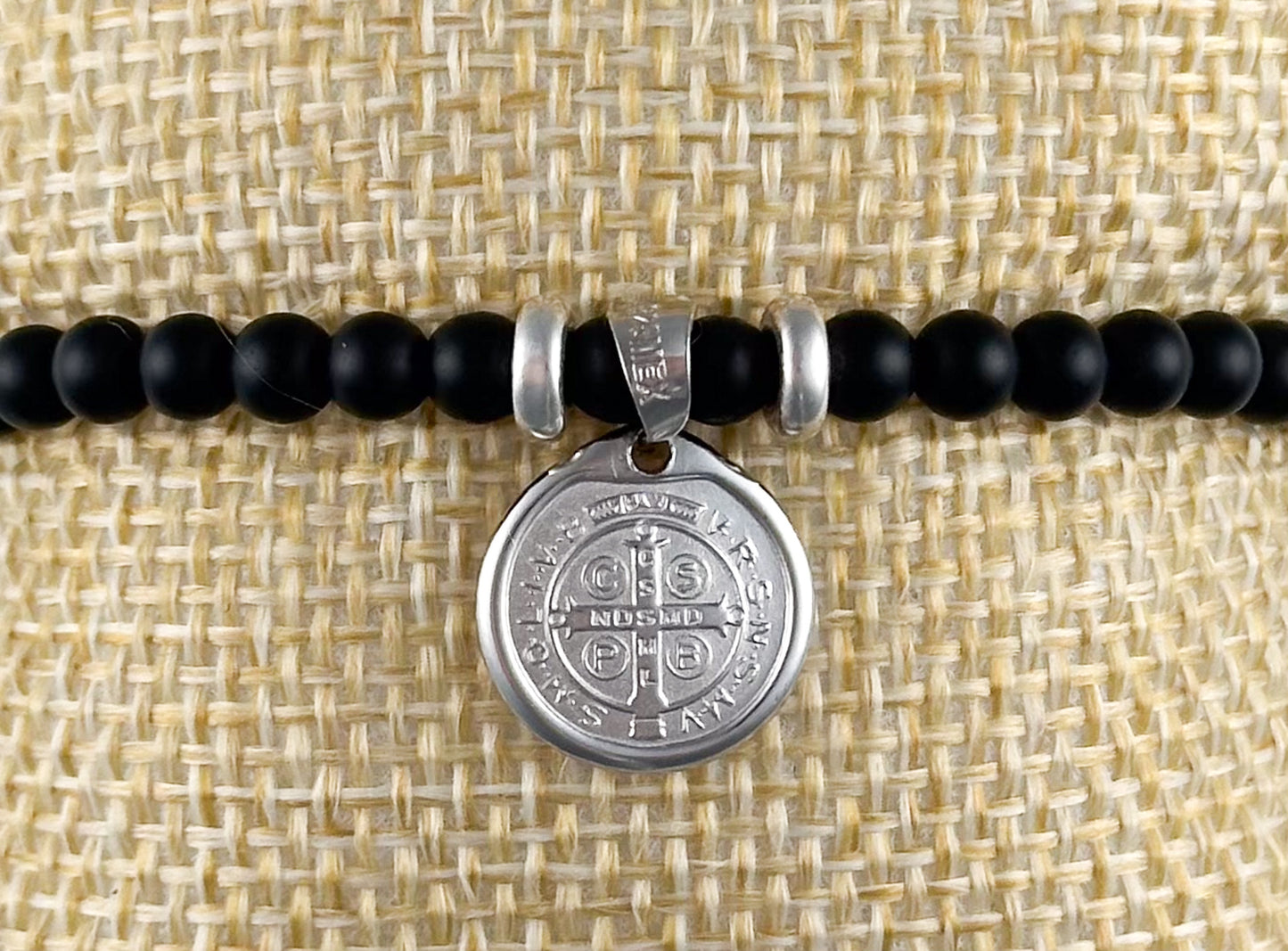 PULSERA MEDALLA SAN BENITO B 2 PLATA .925 PIEDRA N BROCHE TEJIDO