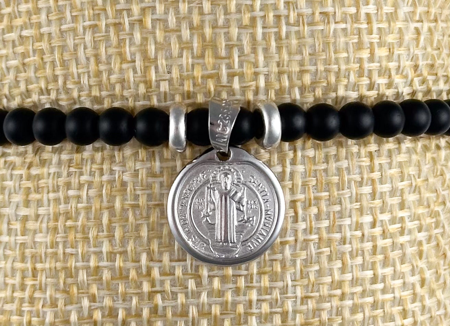 PULSERA MEDALLA SAN BENITO B 2 PLATA .925 PIEDRA N BROCHE TEJIDO