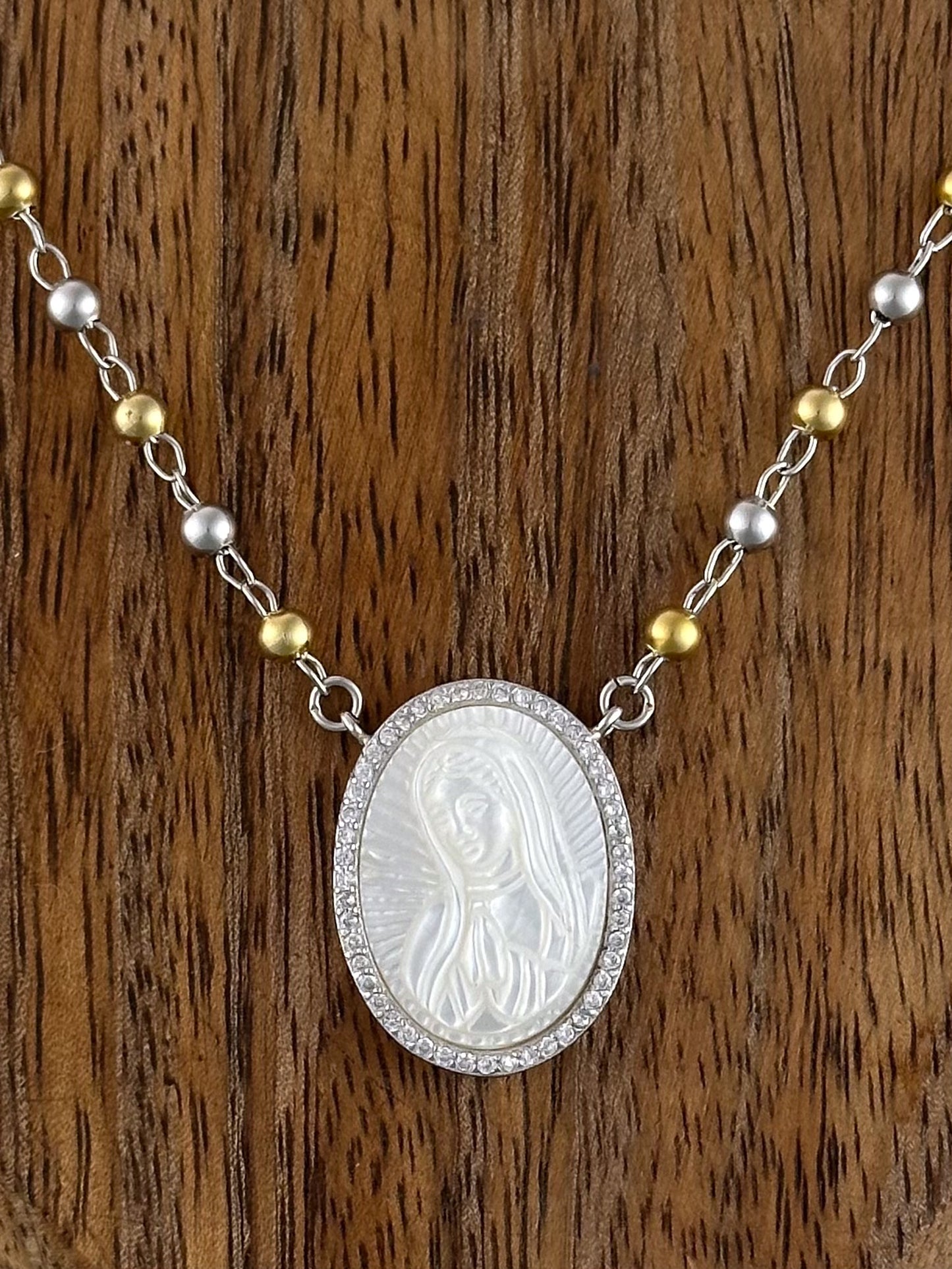 COLLAR VIRGEN DE GUADALUPE OVAL PERLA CADENA BOLA PLATA RODIO .925