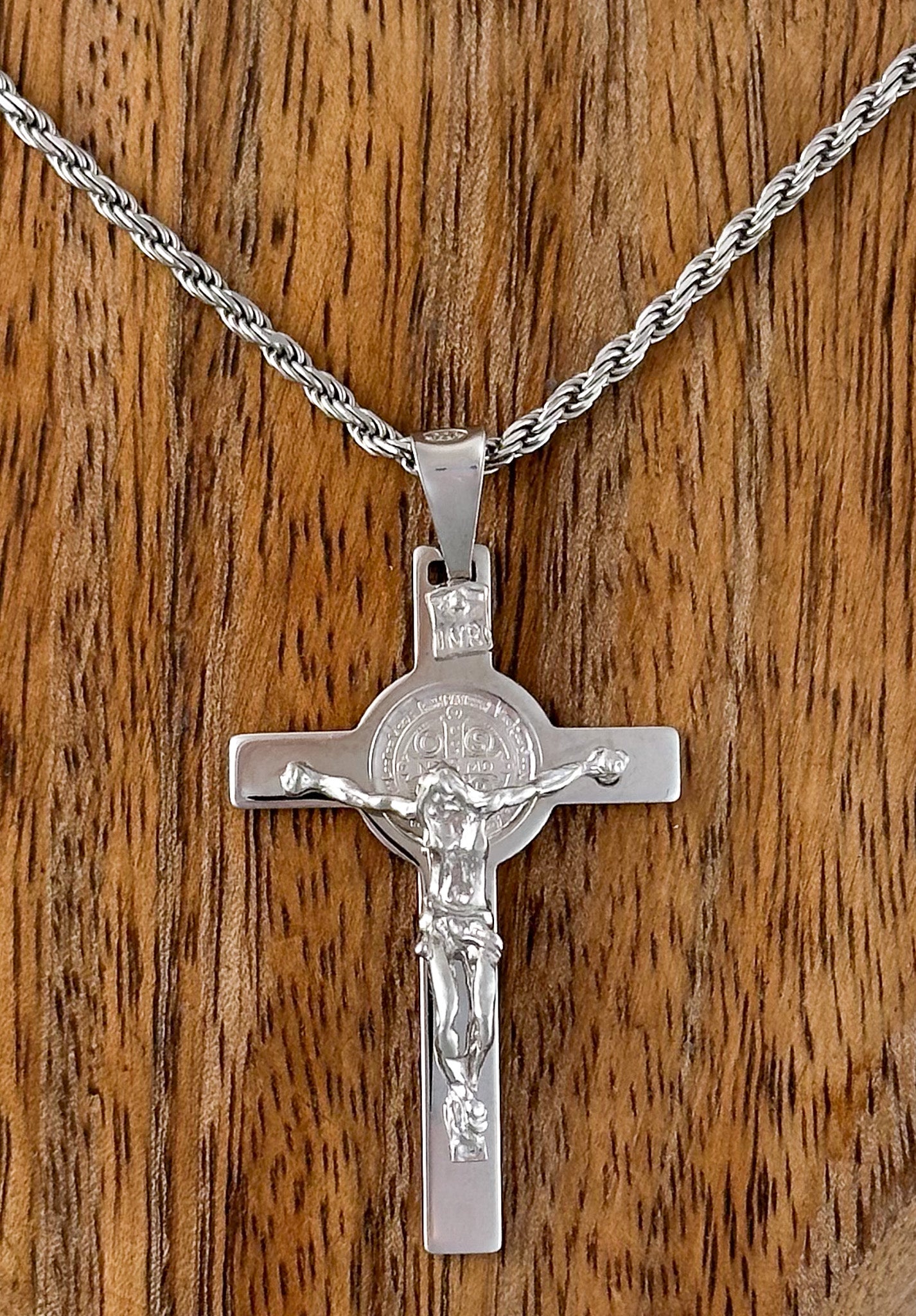 COLLAR CRISTO SAN BENITO CADENA TORSAL PLATA RODIO .925