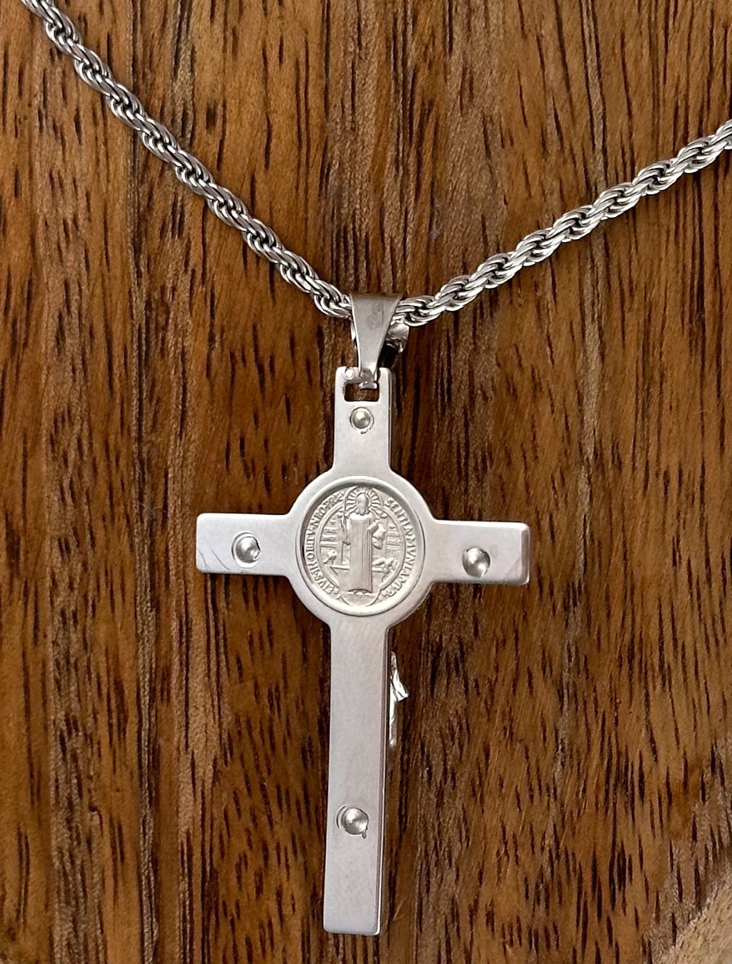 COLLAR CRISTO SAN BENITO CADENA TORSAL PLATA RODIO .925