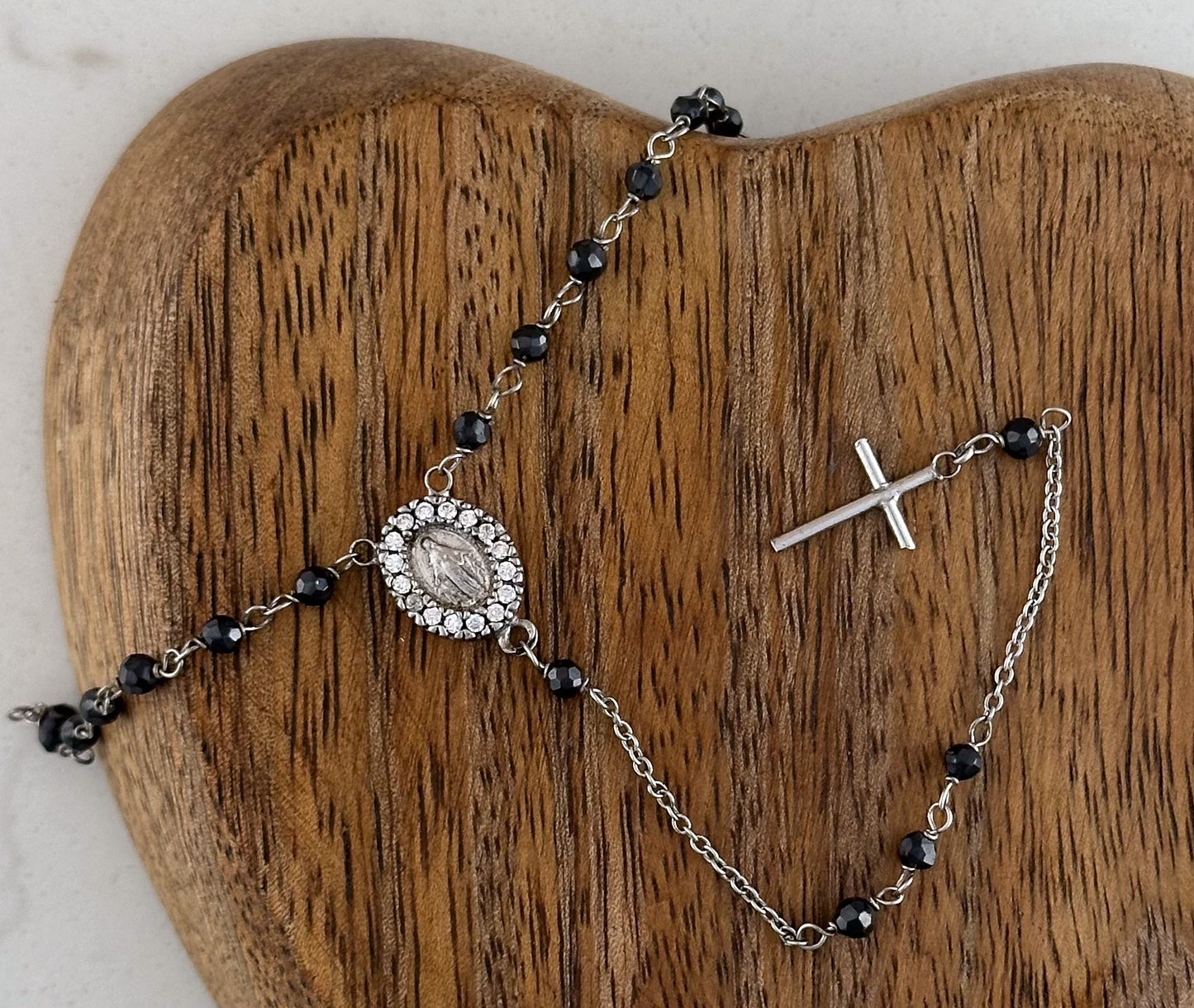 COLLAR ROSARIO CRISTAL SW NEGRO PLATA RODIO .925