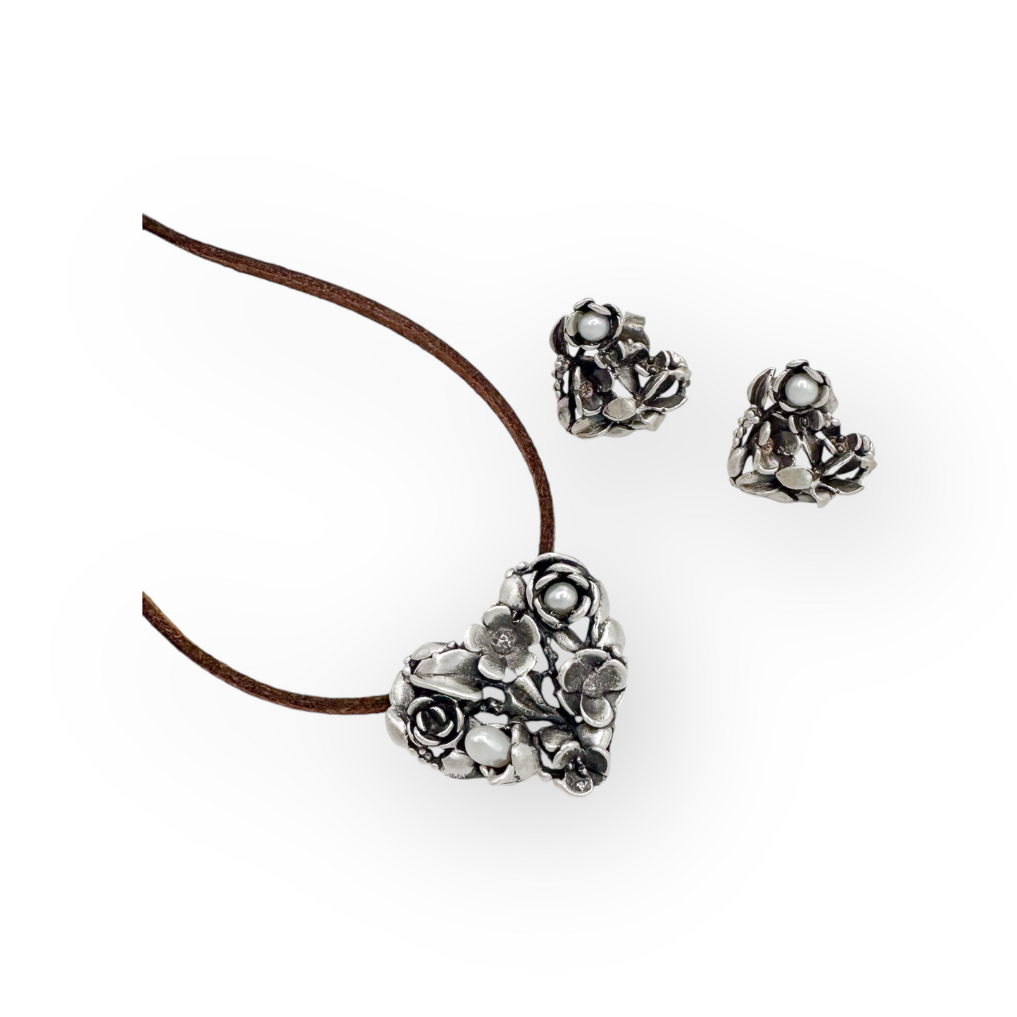 SET CORAZON FLORES PERLA 2  PLATA .925