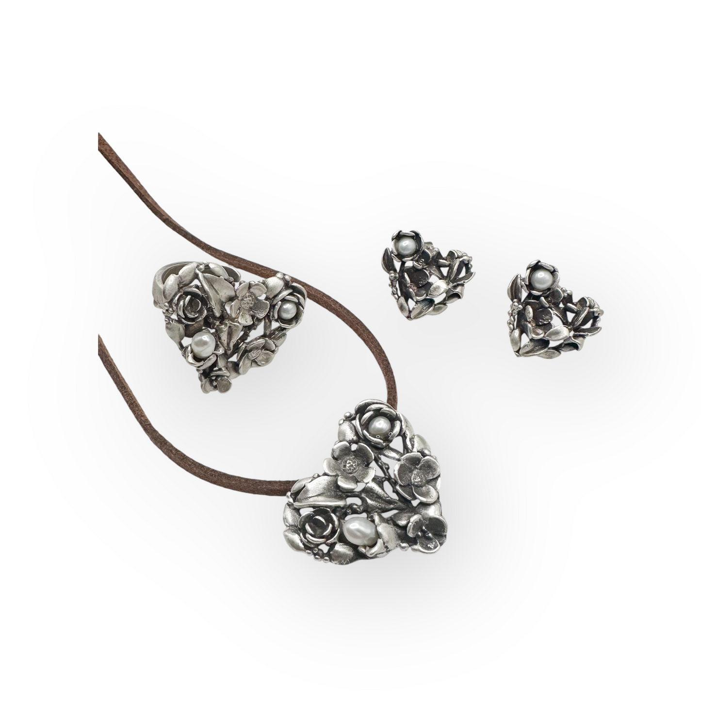 SET CORAZON FLORES PERLA 3 PLATA .925