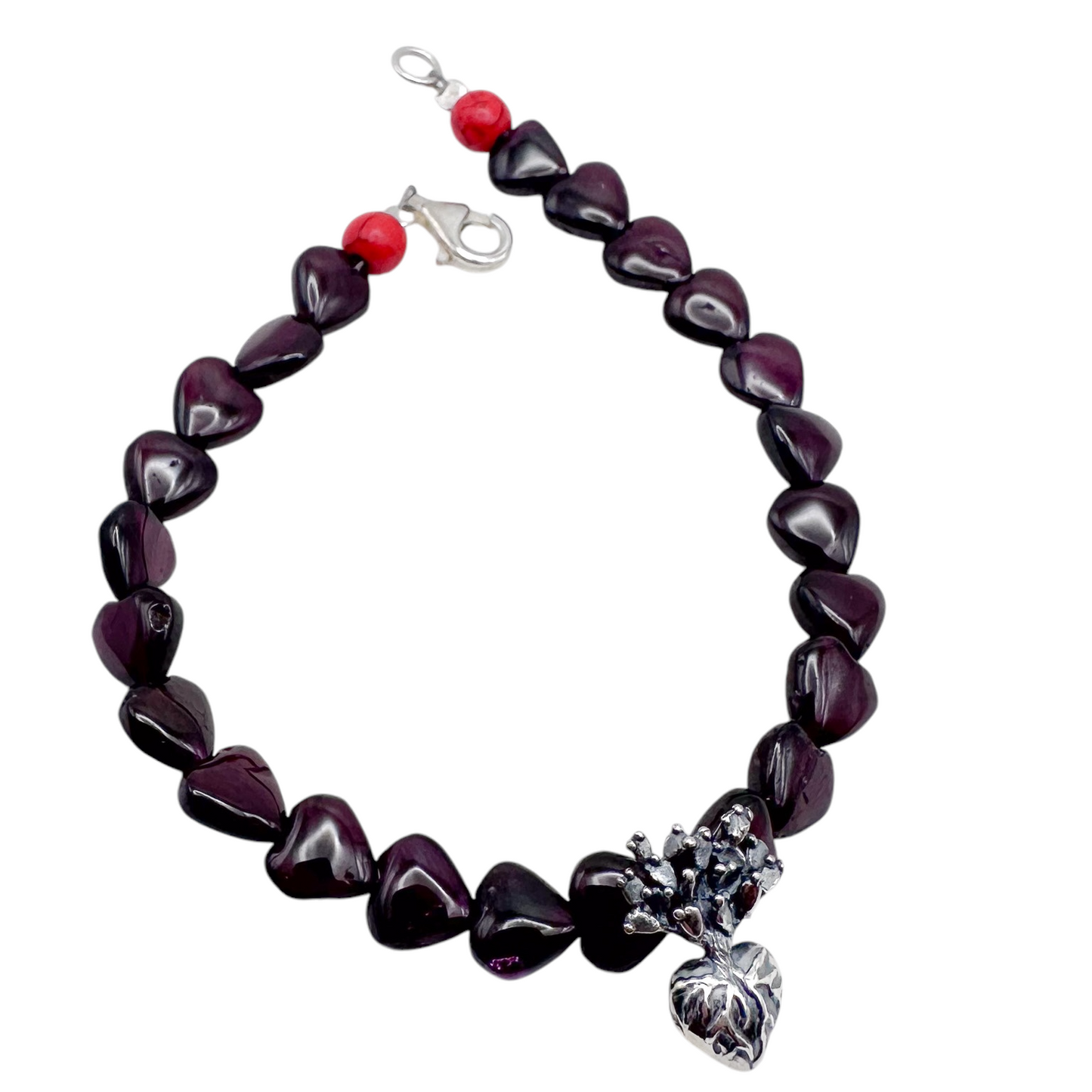 PULSERA CORAZON NOPAL PIEDRA GRANATE CORAL PLATA .925