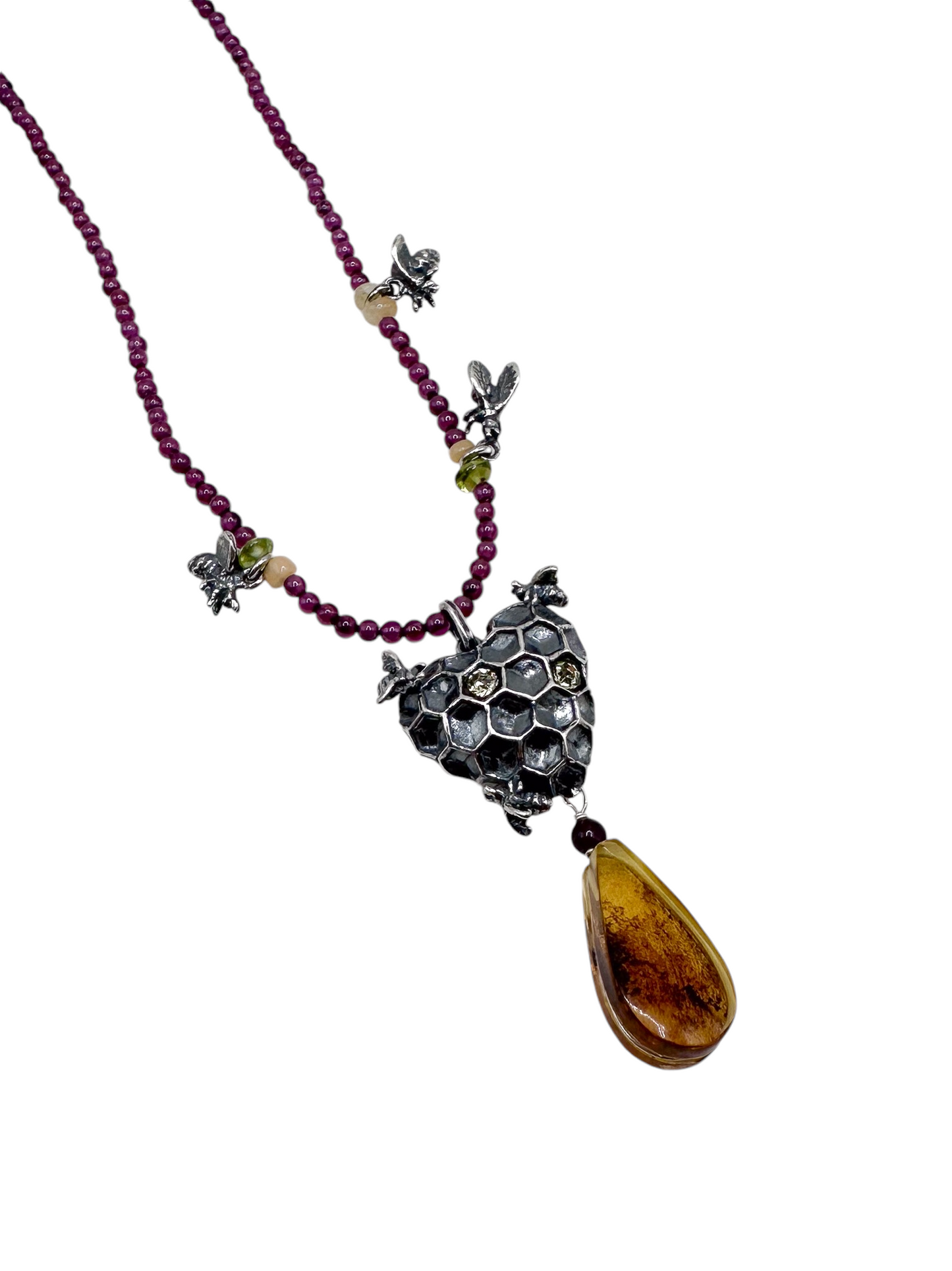 COLLAR COLMENA ABEJAS GRANATE Y AMBAR  PLATA .925