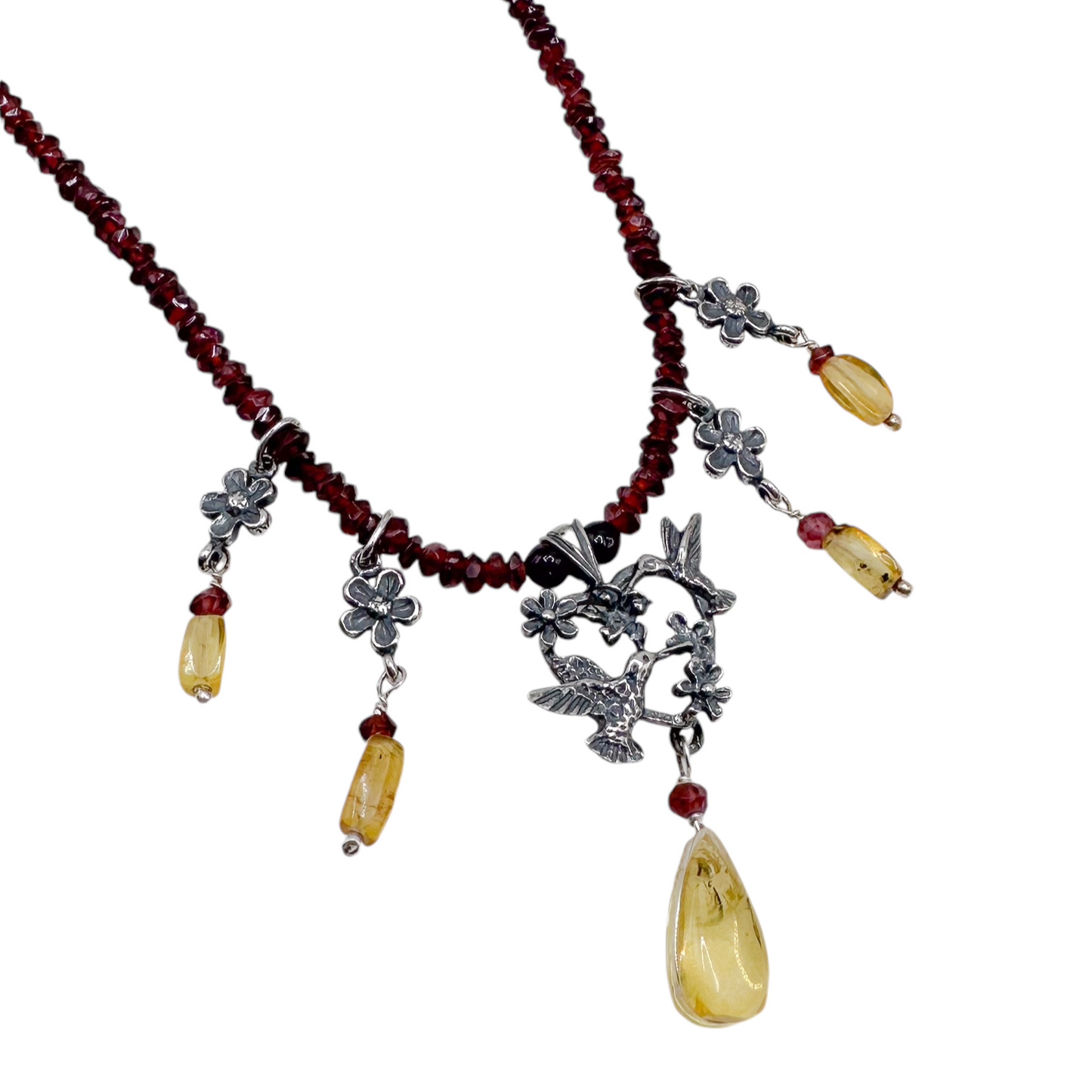 COLLAR CORAZON COLIBRI GRANATE AMBAR PLATA .925