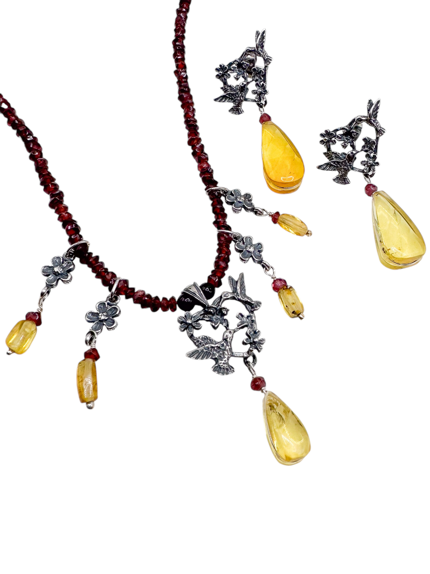 SET CORAZON COLIBRI AMBAR PLATA .925