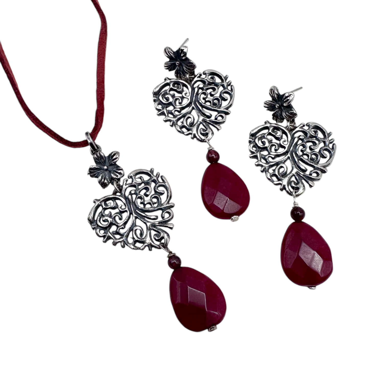 SET CORAZON GUIAS PIEDRA AGATA PLATA .925