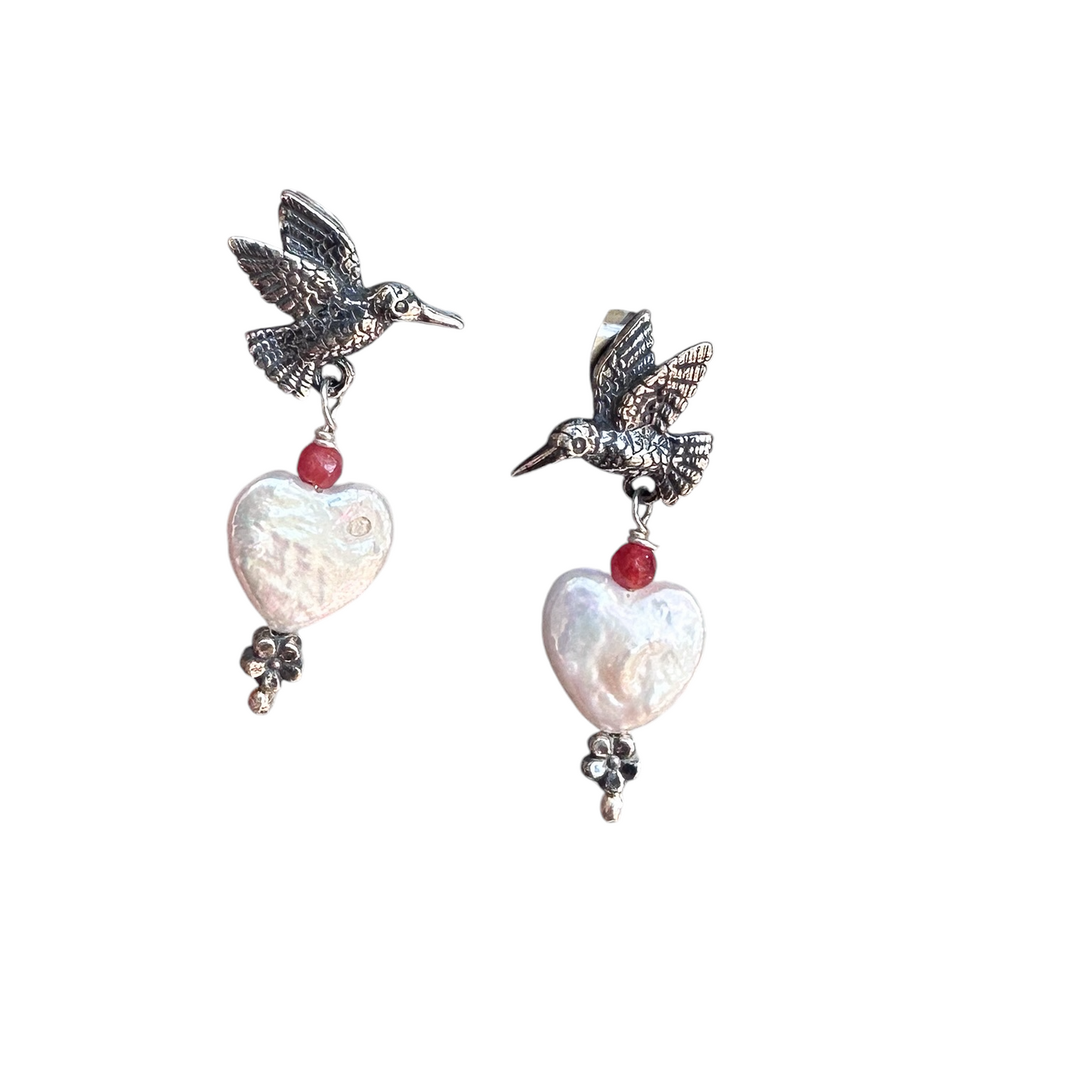ARETE COLIBRI PERLA  CORAZON PLATA .925