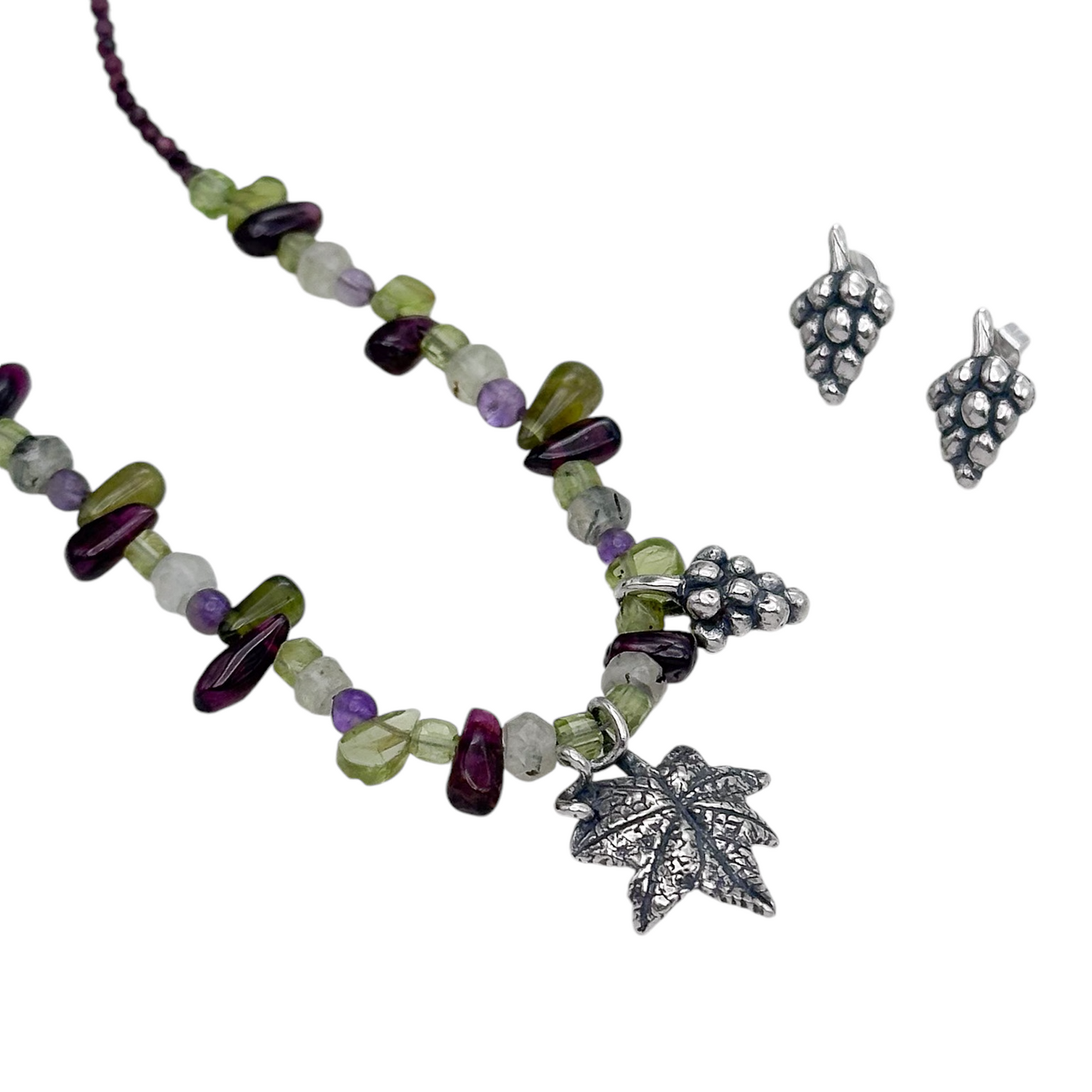 SET RACIMO UVAS HOJA PIEDRA NATURAL PLATA .925
