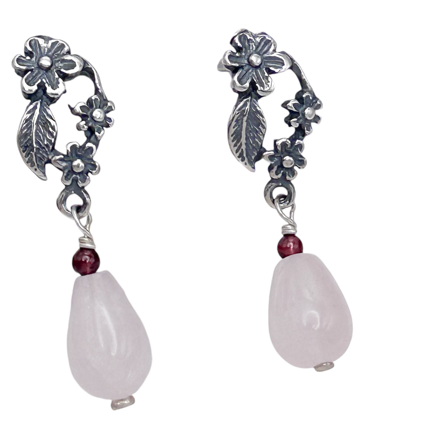 ARETE GUIA DE FLORES CUARZO ROSA PLATA .925