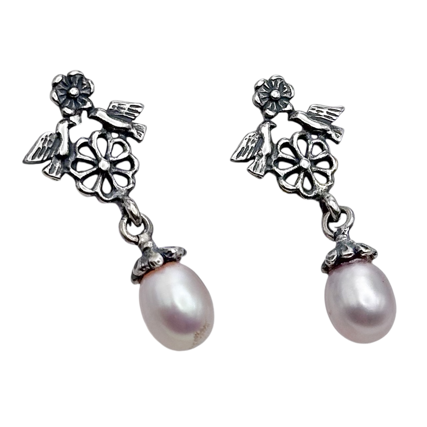 ARETE FLOR  PAJARITOS PERLA PLATA .925