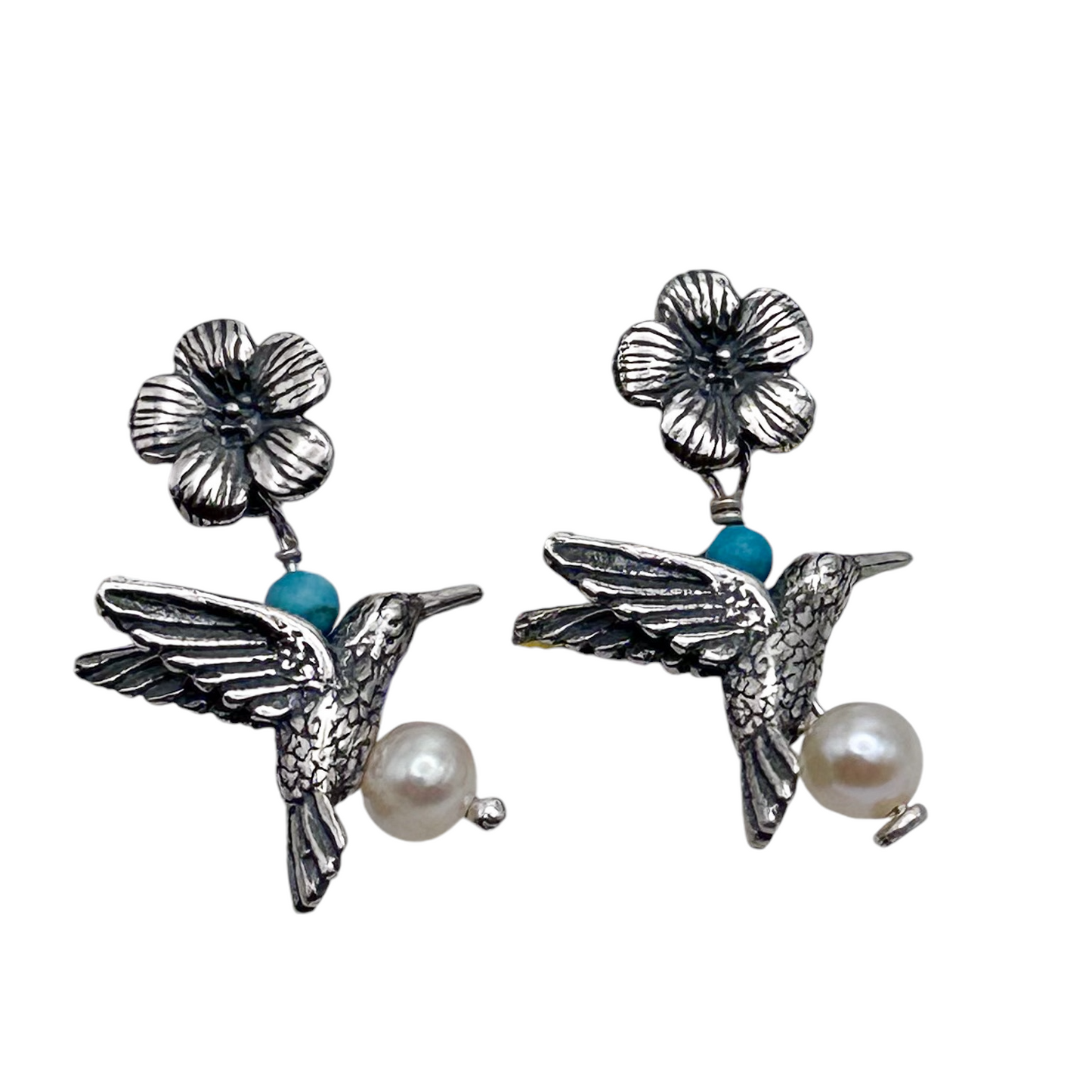 ARETE FLOR COLIBRI COLGANTE PERLA CON TURQUESA PLATA .925