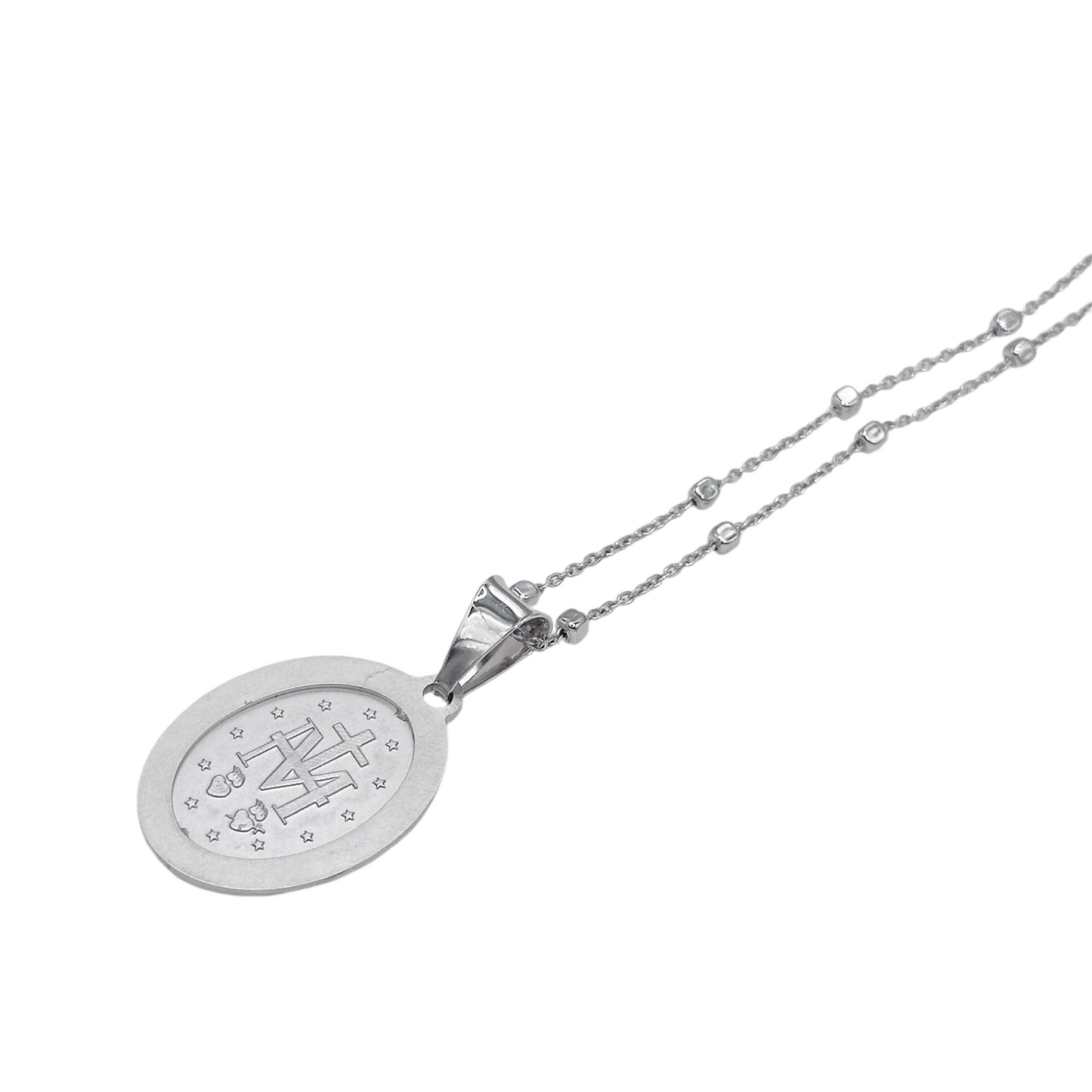 COLLAR MEDALLA VIRGEN MILAGROSA OVAL 3 DIAMANTADA  PLATA RODIO .925