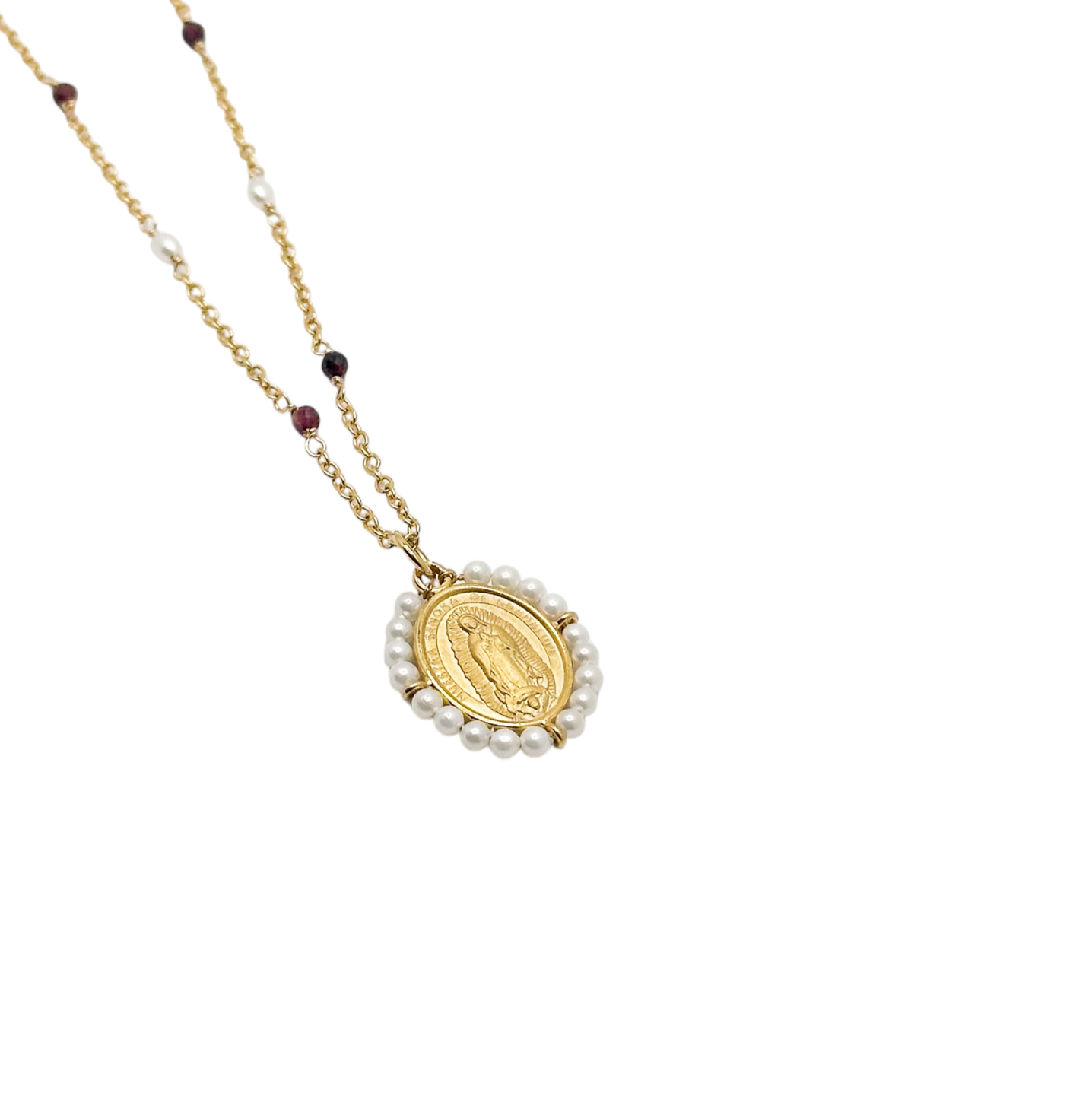 COLLAR VIRGEN DE GUADALUPE PERLA GRANATE  CADENA CHAPA