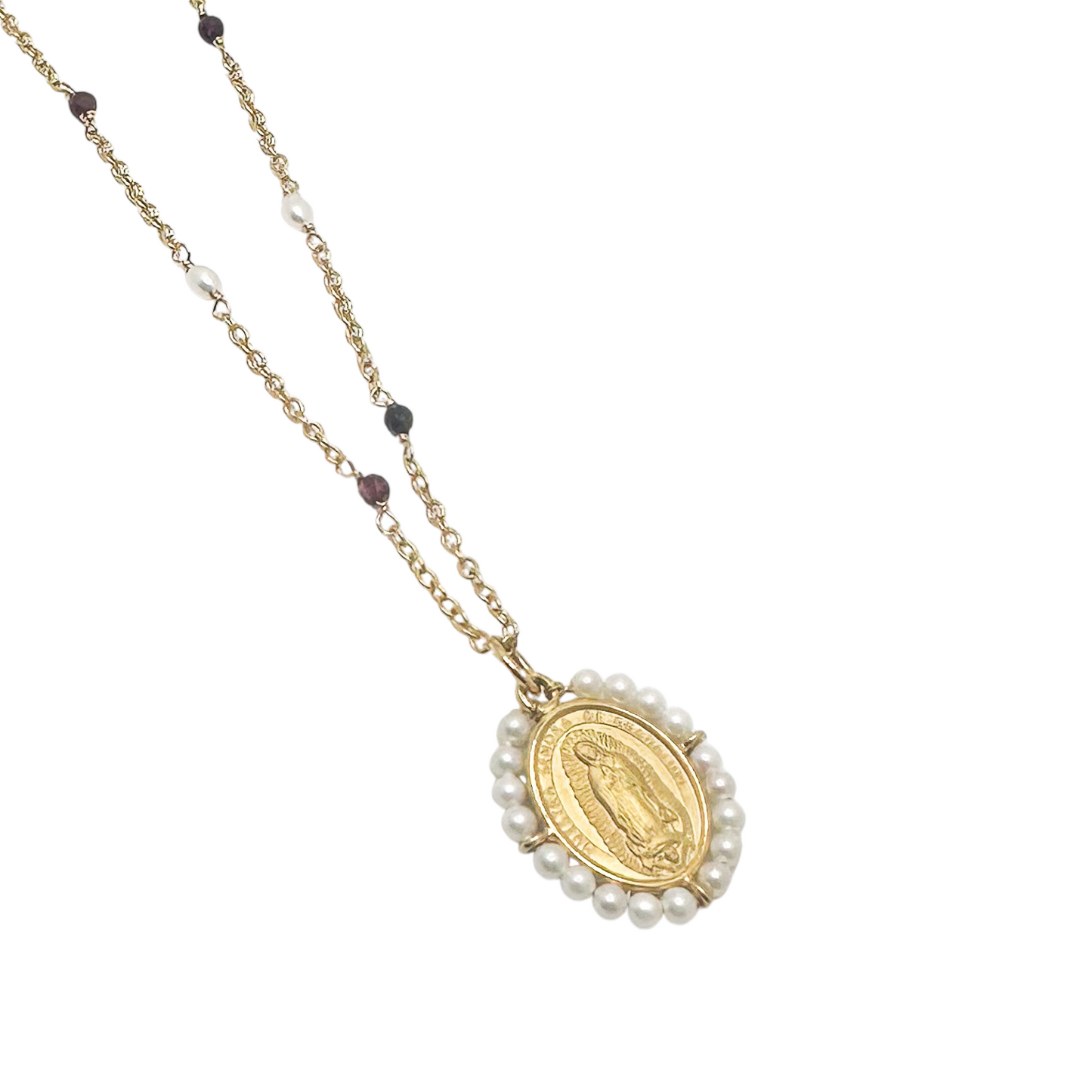 COLLAR VIRGEN DE GUADALUPE PERLA GRANATE  CADENA CHAPA