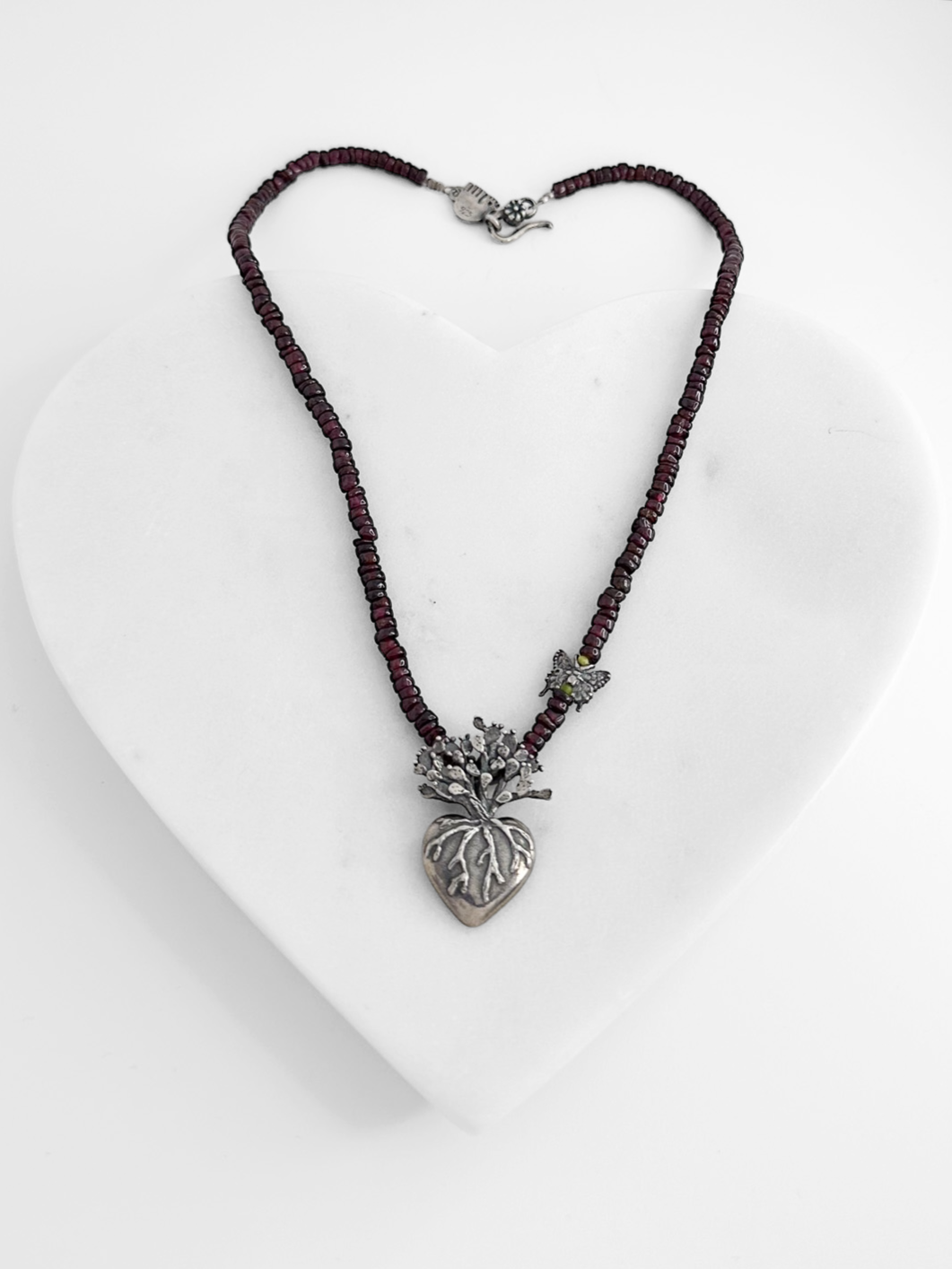 COLLAR CORAZON DE NOPAL PIEDRA NATURALES PLATA .925
