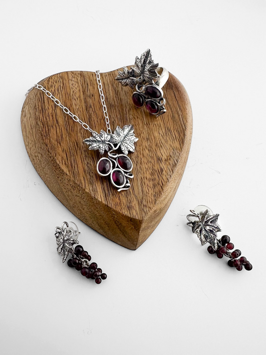 SET RACIMO DE UVAS 3  PIEDRA NATURAL GRANATE PLATA .925